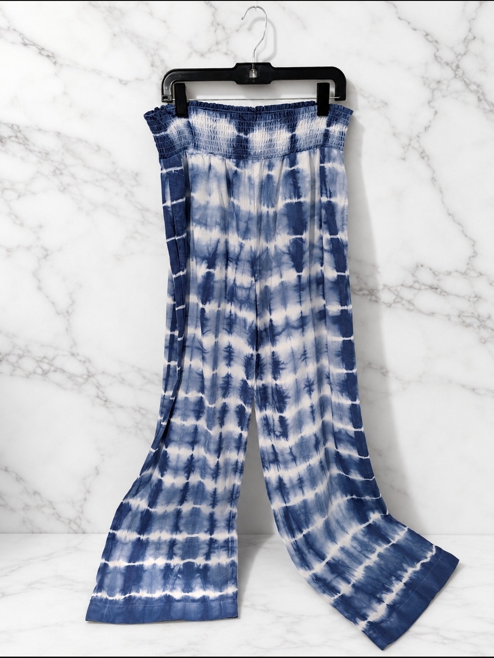 cloth & stone Blue White Tie Dye Wide Leg Pants Smocked Waist Small
